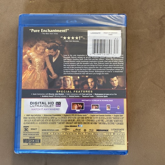 SHAKESPEARE IN LOVE GWYNETH PALTROW  WITH SLIPCOVER BLU-RAY BRAND NEW SEALED - Picture 2 of 2